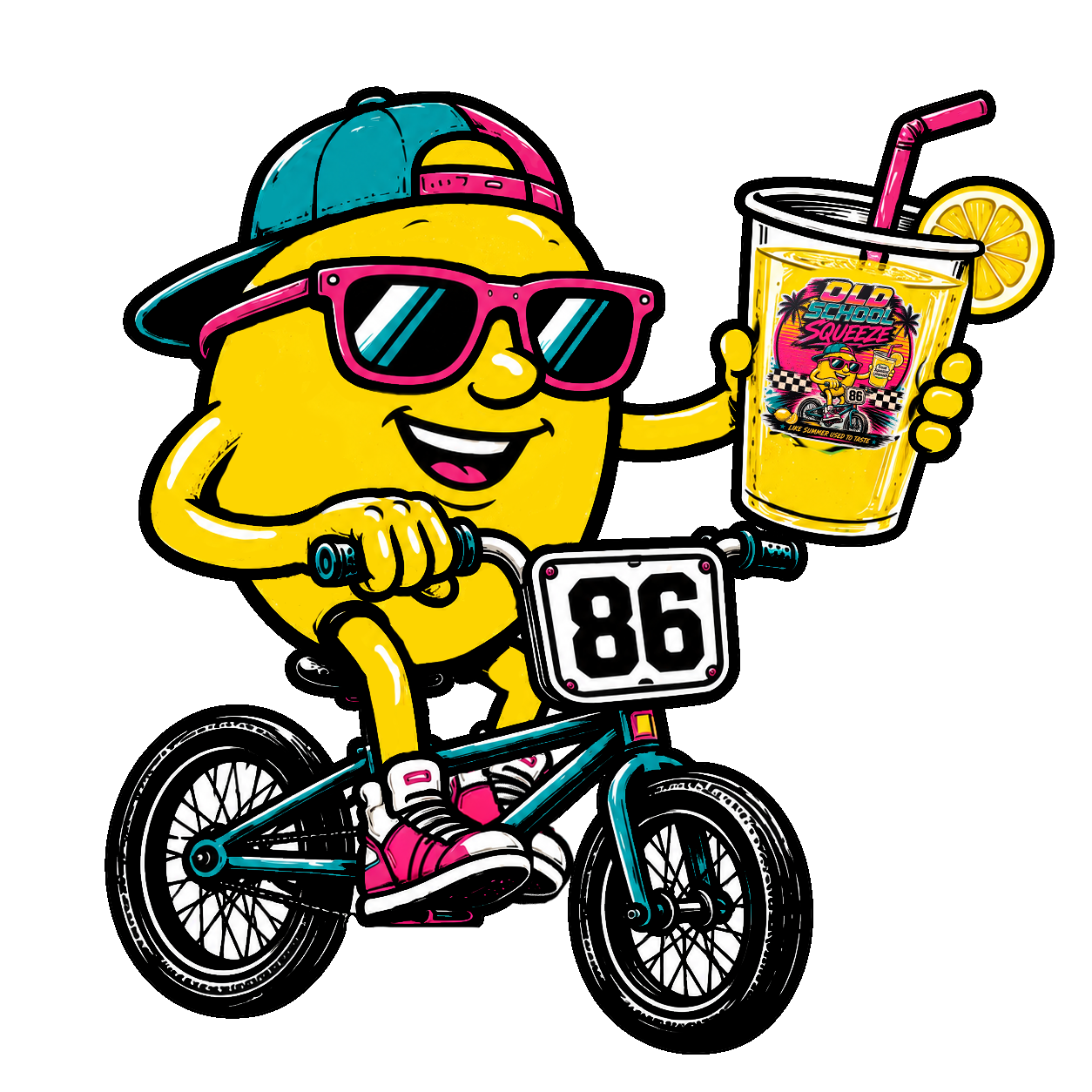 Old School Squeeze lemon character riding a BMX bike